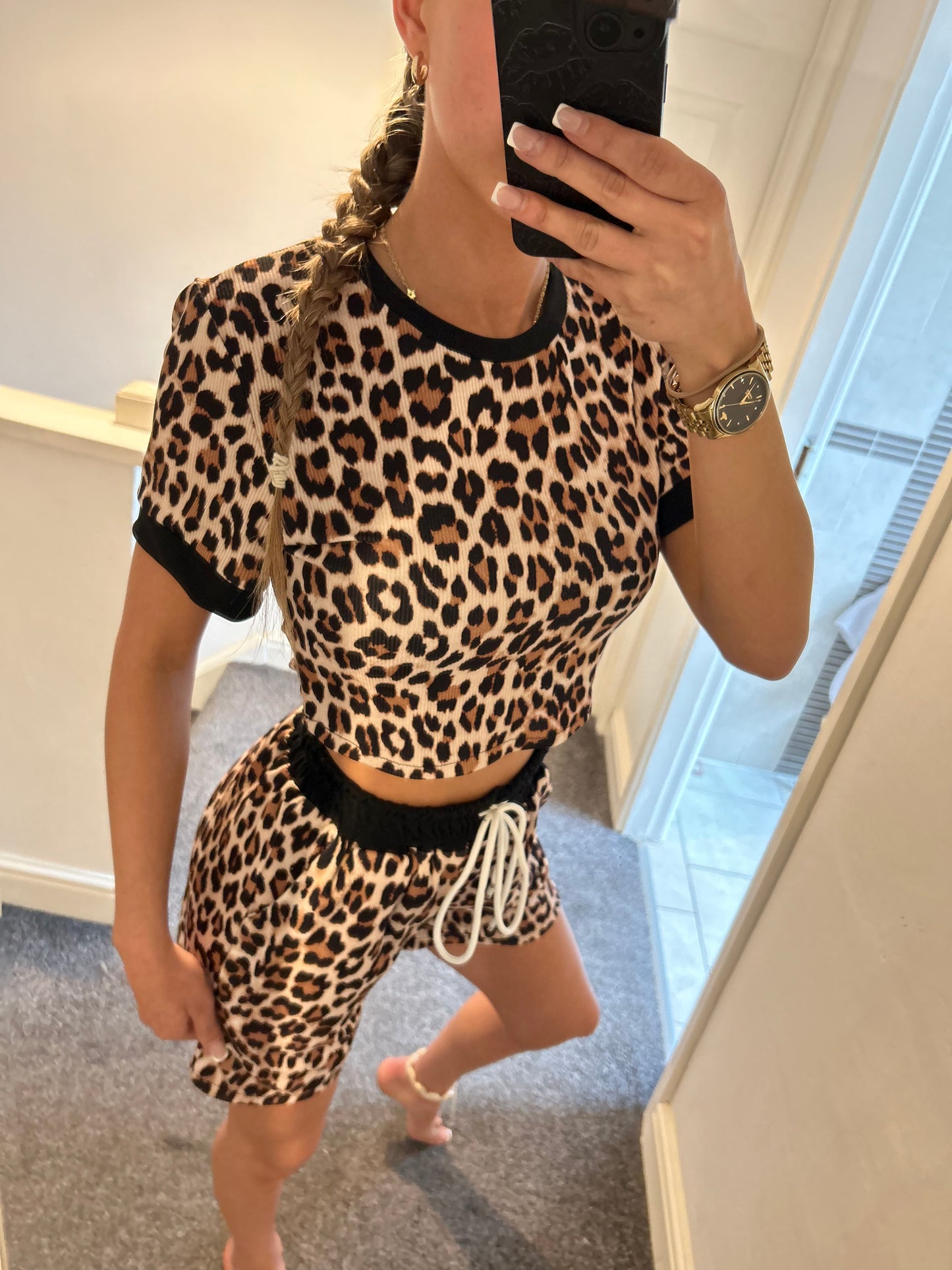 Ribbed leopard print short co ord