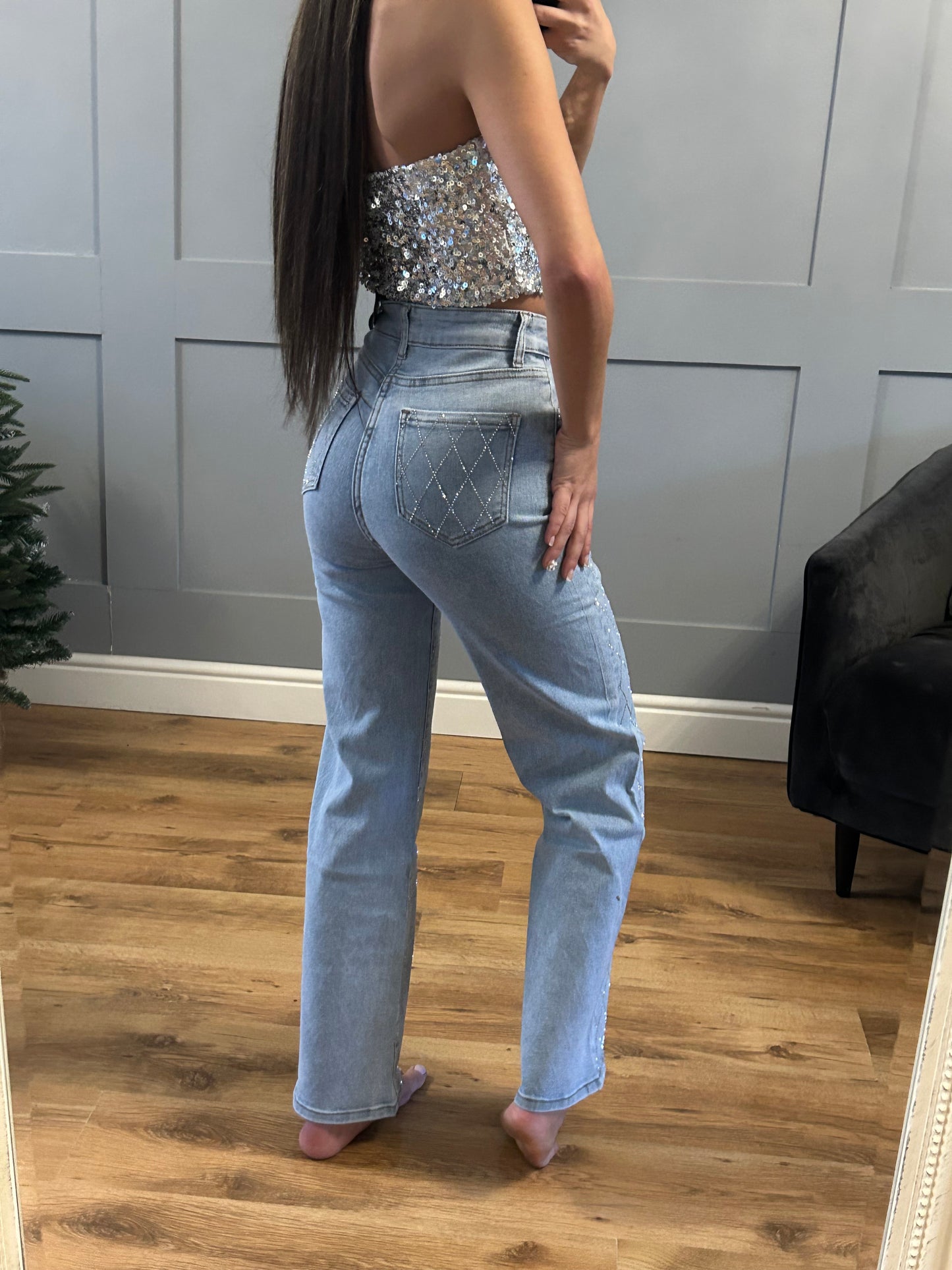 Crystal detail wide leg jeans