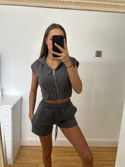 Charcoal sleeveless hooded co ord