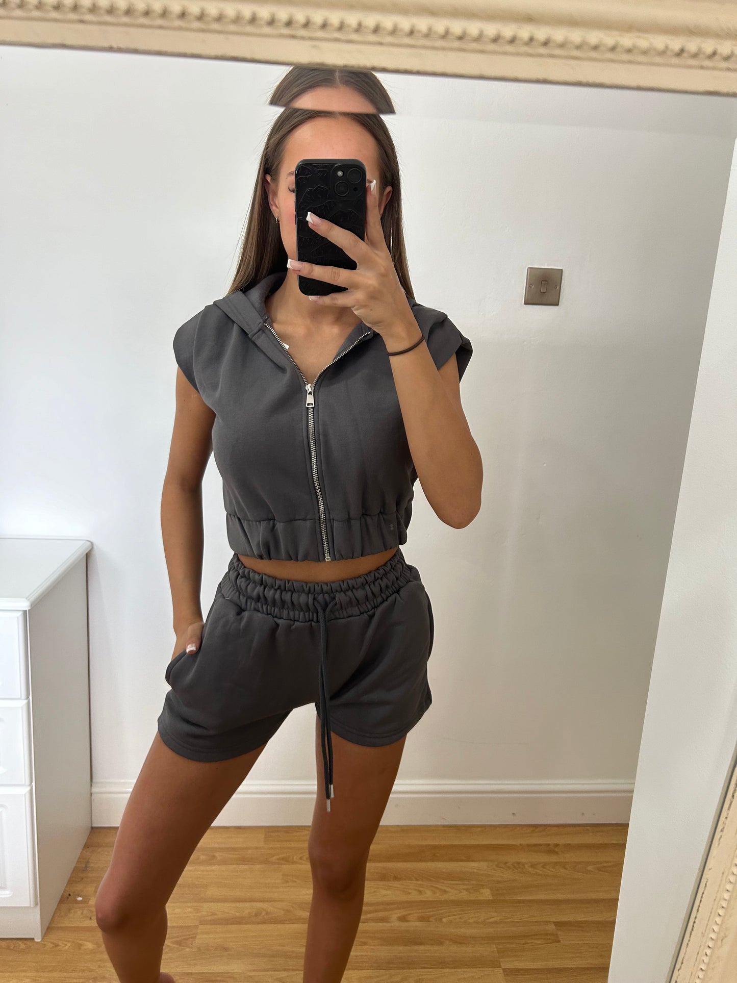 Charcoal sleeveless hooded co ord