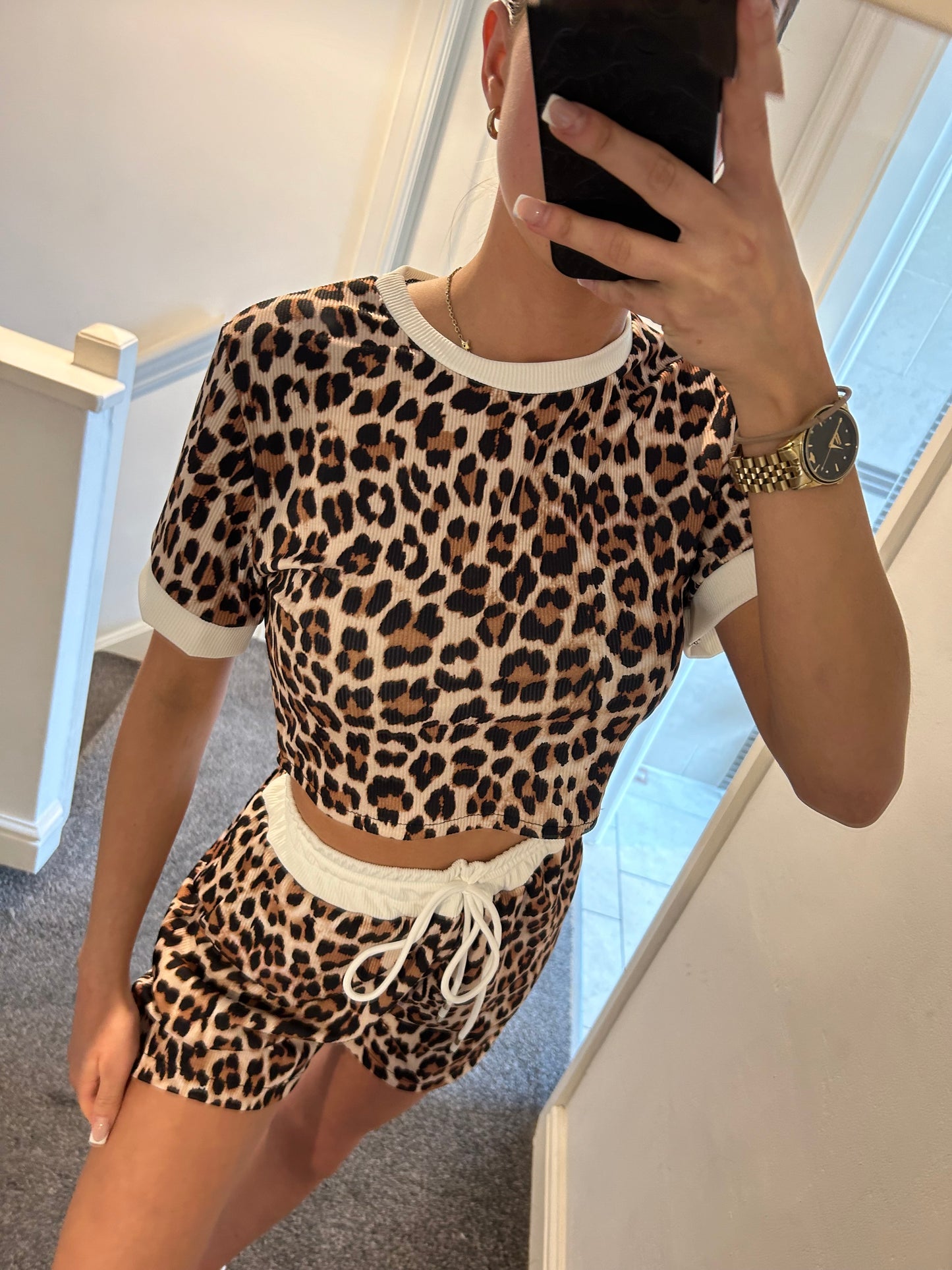 Ribbed leopard print short co ord