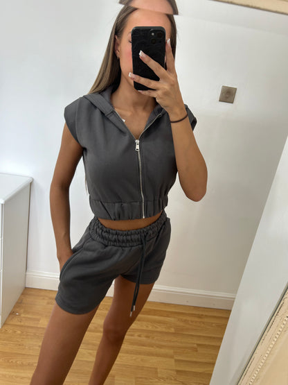 Charcoal sleeveless hooded co ord