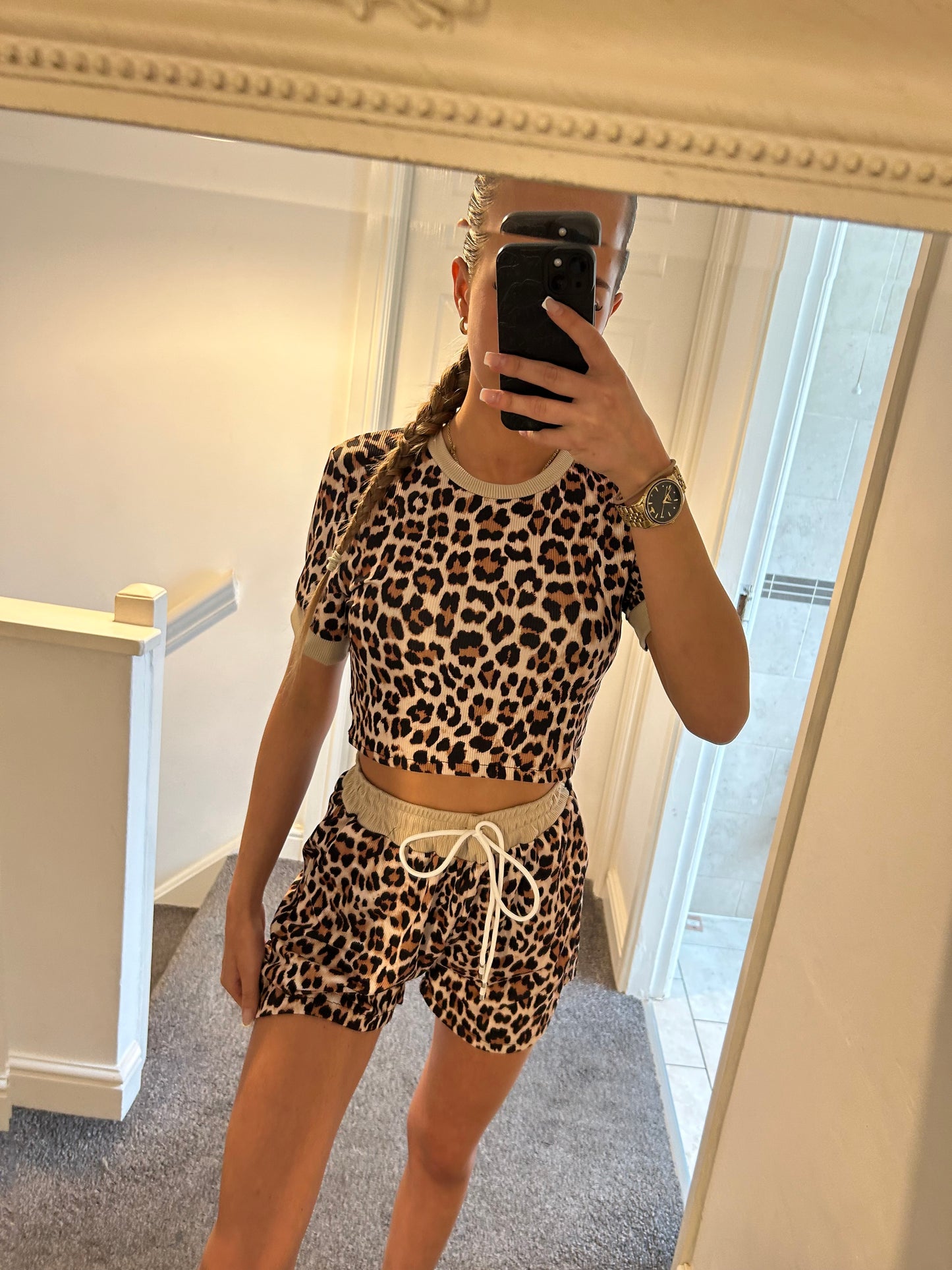 Ribbed leopard print short co ord